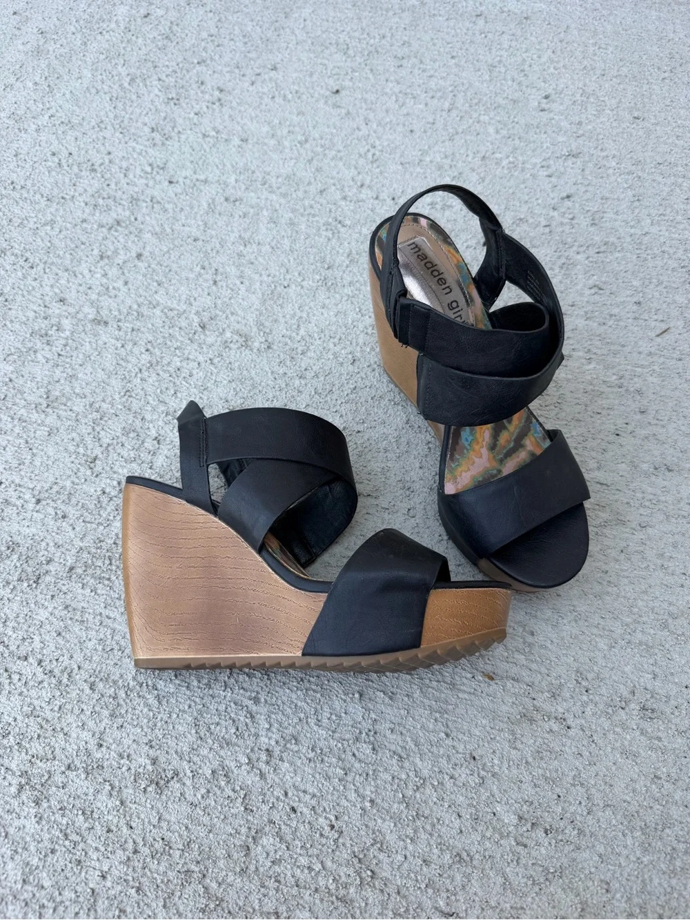 Madden Girl Black Crisscross Wedge Sandals with Wood-Look Platform